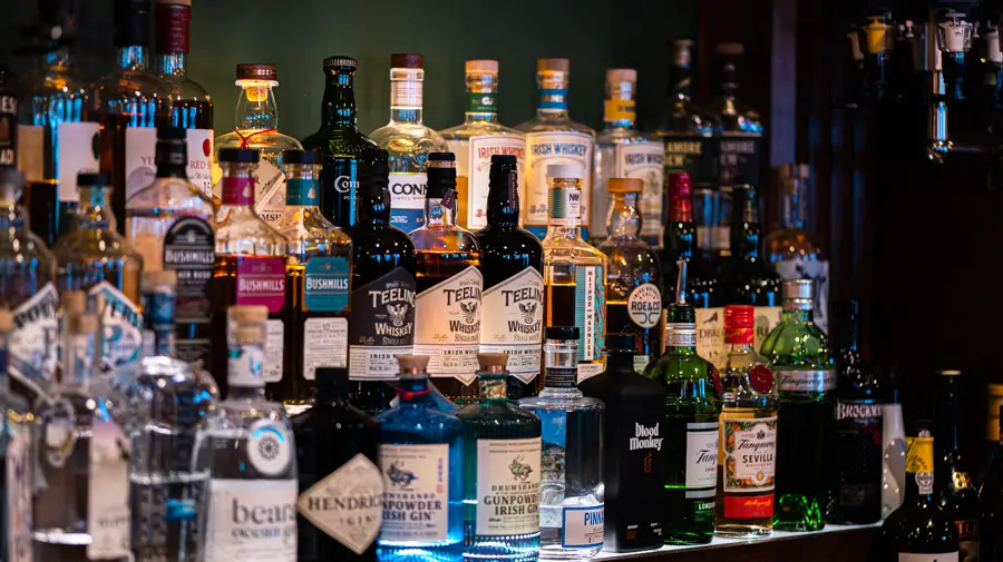 Wide selection of Irish whiskey at pub in Galway, Ireland