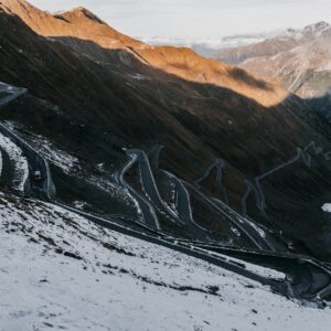 stelvio mountain pass with snow at bormio italy